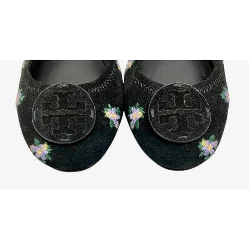 Tory Burch Minnie Travel Ballet Flats Womens 8M Black‎ Floral Suede Excellent